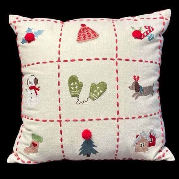 Christmas Pillow 17X17 Red Stitch Mittens Tree Dog Stocking Snowman Hat Holly - Picture 1 of 2